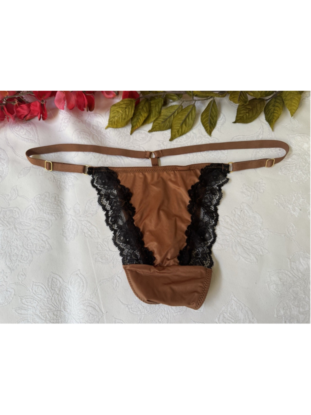 VICTORIA'S SECRET L BROWN BLACK SILKY LACE V STRING THONG ADJ SIDES PANTIES NWT